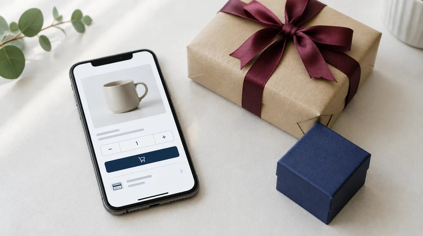 Smartphone mit Shop-Checkout neben verpacktem Paket