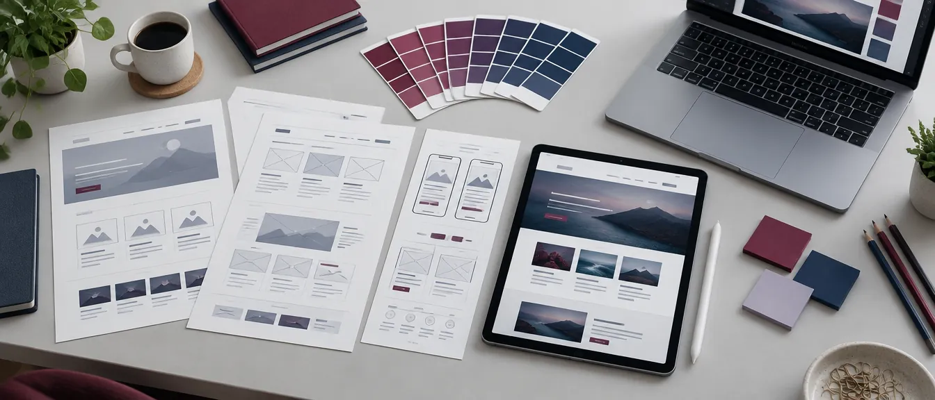 Arbeitstisch mit Website-Entwürfen, Farbmustern in Burgund und Indigo und einem Tablet
